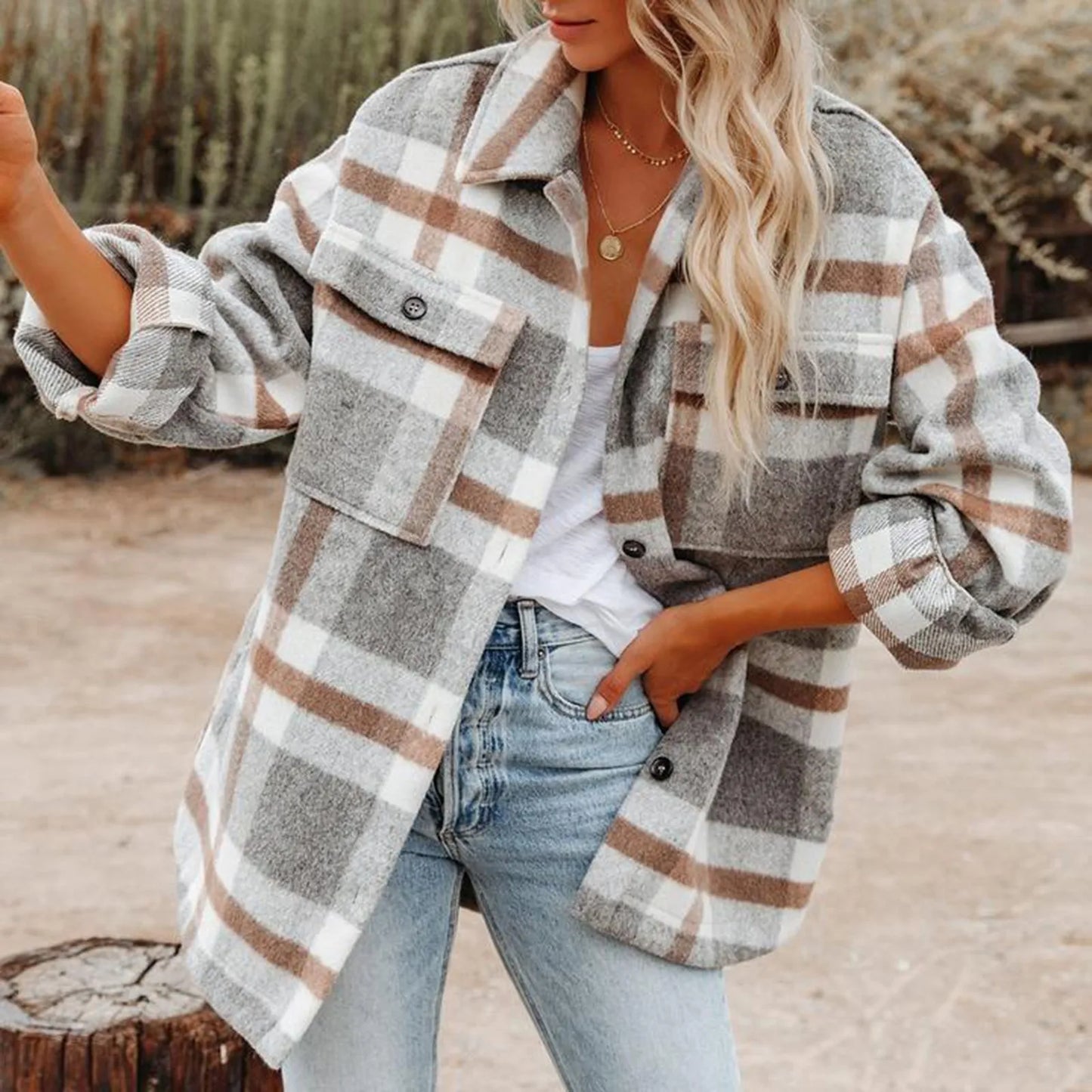 Flannel Plaid Long Sleeve Button Down Jacket Coats