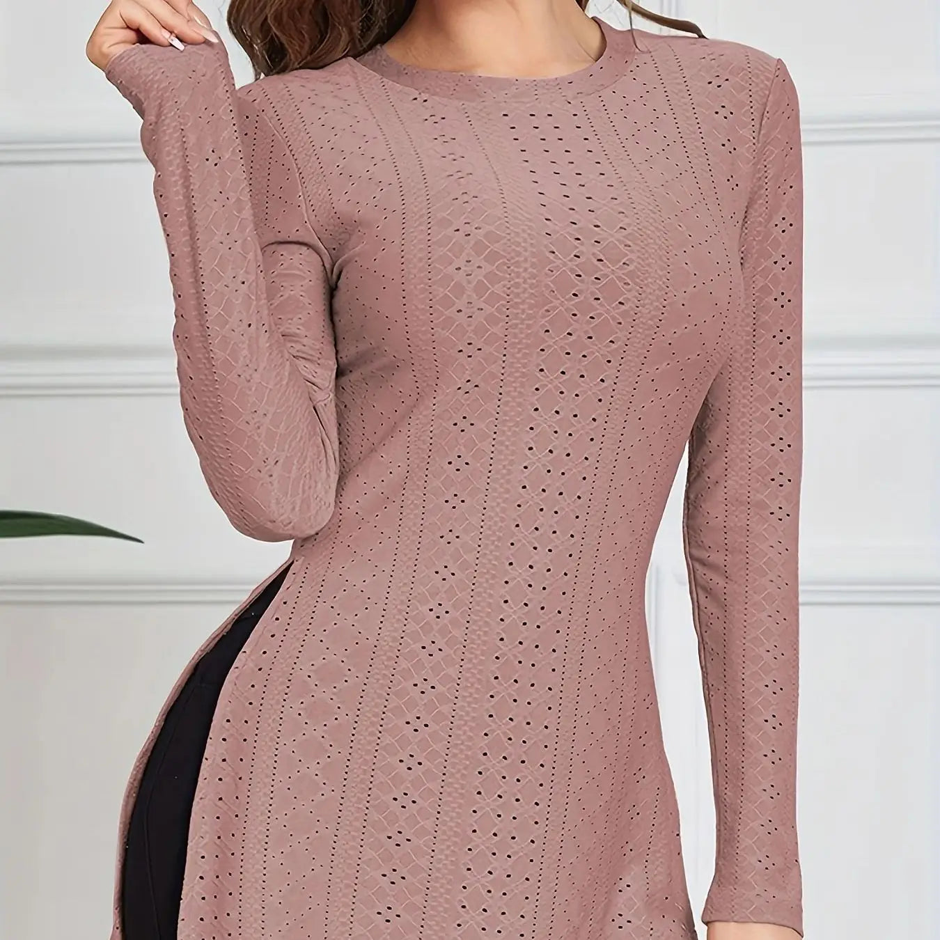 Eyelet Split Long Sleeve Shirt For Women