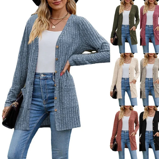 Women's Milled Pit Stripe V-Neck Solid Color Long Sleeve Casual Cardigan Jacket