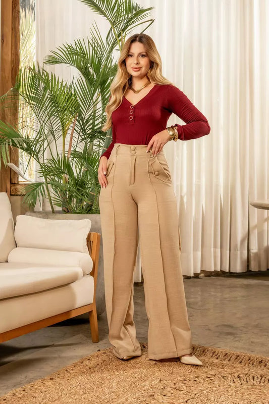 Calça Social Feminina em Linho com Bolsos Utilitários